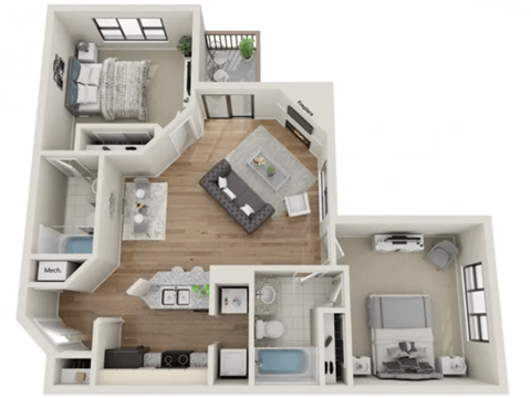 Floor plan for 2 beds, 2 baths, 958 sqft